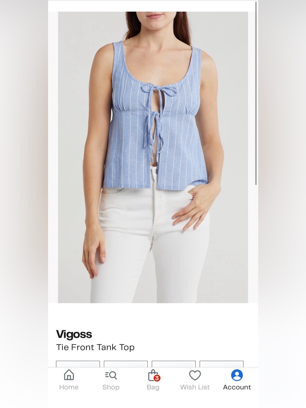 NWT- Vigoss Blue and White Striped Tie-Front Tank